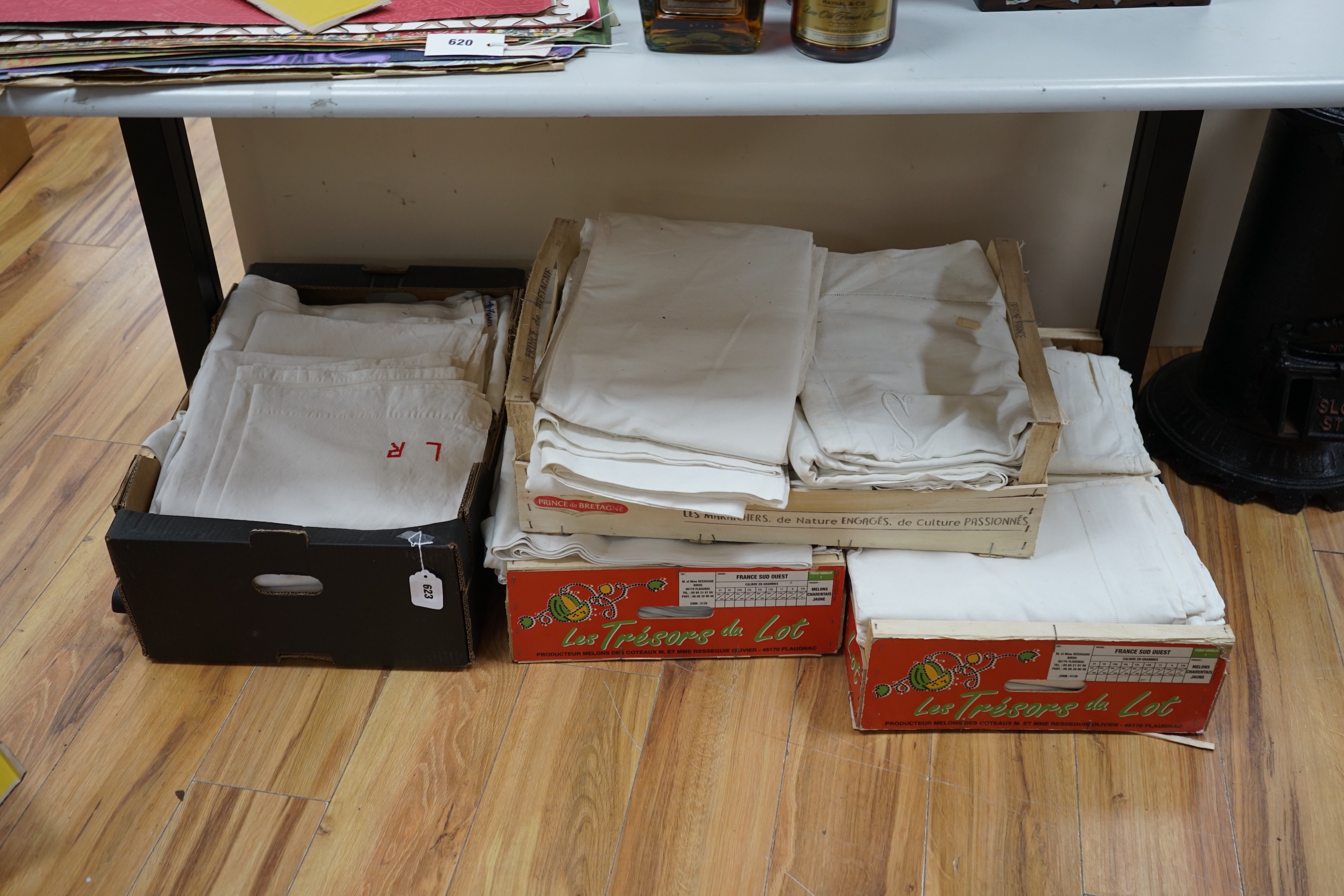 Four boxes containing French provincial sheets (32)